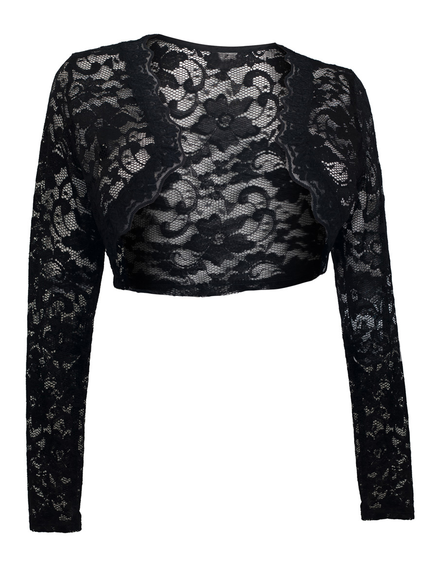 Black Long Sleeve Lace Plus Size Cropped Bolero Shrug | eVogues Apparel