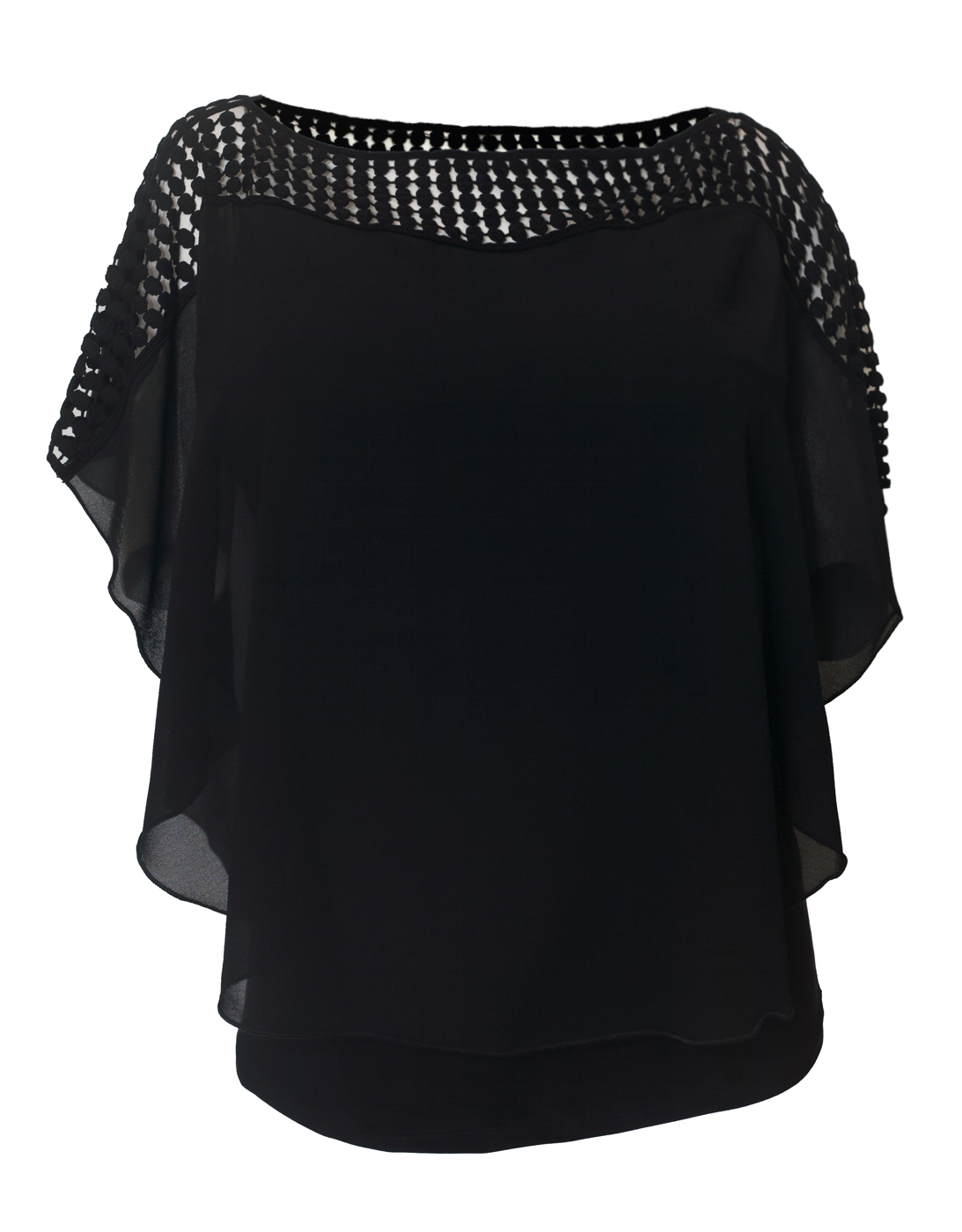 Plus Size Layered Poncho Top Crochet Shoulder Black 18528 | eVogues Apparel