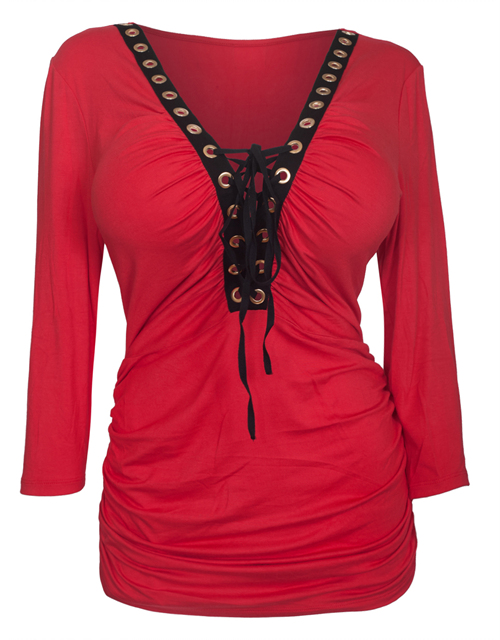 Plus Size V-Neck Lace Up Top Red 1772 Photo 1