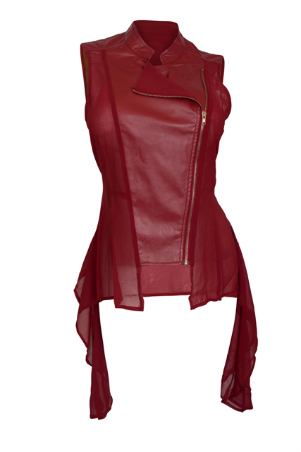 Plus Size Sleeveless Sheer and Faux Leather Panel Jacket Wine Photo 1