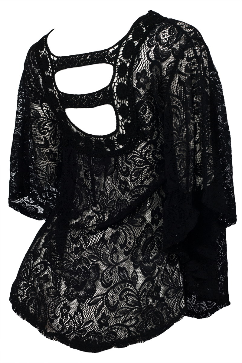 Plus Size Sheer Crochet Floral Lace Poncho Top Black | eVogues Apparel