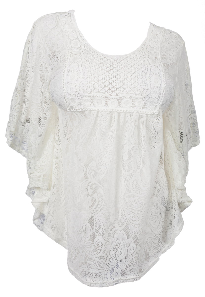 Plus Size Sheer Crochet Floral Lace Poncho Top Off White | eVogues Apparel