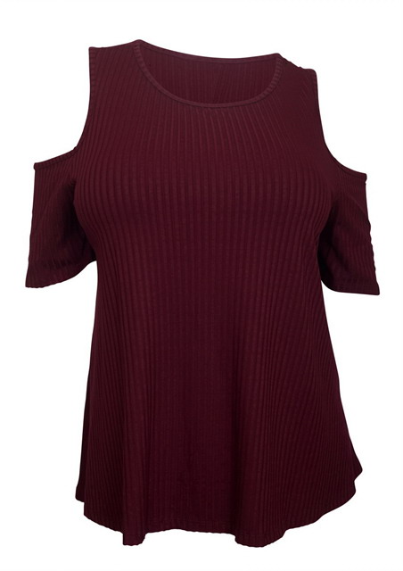 Plus Size Round Neck Ribbed Off Shoulder Top Burgundy Photo 1