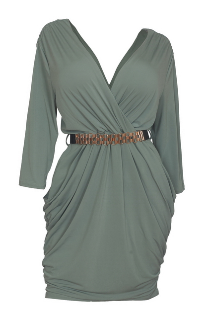 Plus size Deep V-Neck Wrap Bodice Long Sleeve Dress Moss Green Photo 1
