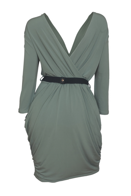 Plus size Deep V-Neck Wrap Bodice Long Sleeve Dress Moss Green Photo 2