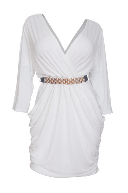 Plus size Deep V-Neck Wrap Bodice Long Sleeve Dress Ivory Photo 1