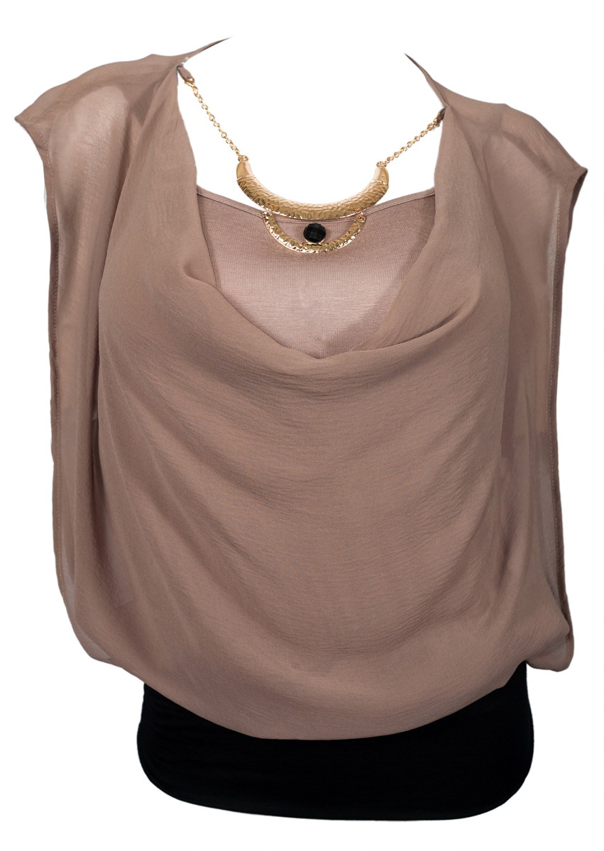 Plus Size Necklace Accented Layered Chiffon Top Taupe | eVogues Apparel