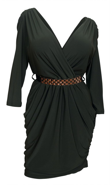 Plus size Deep V-Neck Wrap Bodice Long Sleeve Dress Olive Green Photo 1