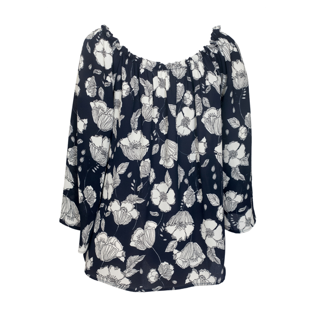 Women's Smocked Off The Shoulder Tunic Top Navy Floral Photo 1