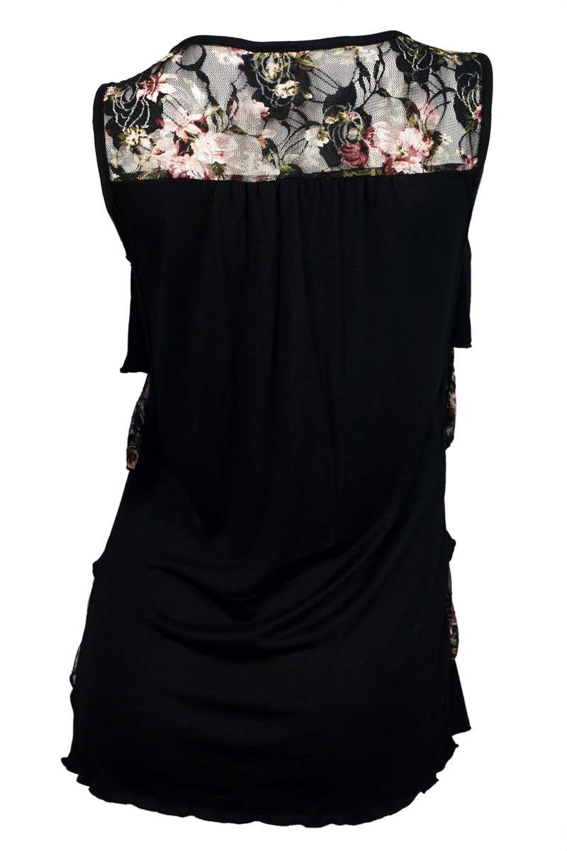 Plus Size Tiered Ruffle Tank Top Black Floral Print | eVogues Apparel