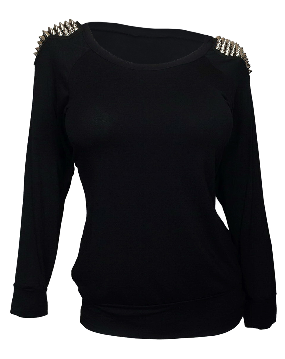 Plus Size Shoulder Spike Studded Long Sleeve Top Black | eVogues Apparel