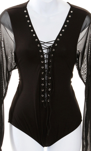 Plus Size Lace Up Sheer Mesh Sleeve Bodysuit Black Photo 6