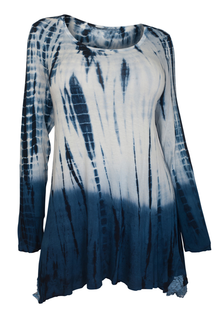 Plus Size Long Sleeve Tie Dye Tunic Top Blue | eVogues Apparel