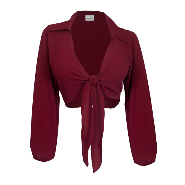 Plus Size Front Tie Off Long Sleeve Cropped Chiffon Blouse Burgundy Photo 1