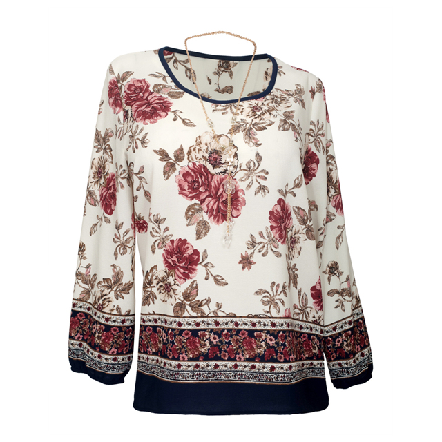 Plus Size Long Sleeve Top White Floral Print Photo 1