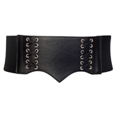 Women's Faux Leather Lace Up Detail Wide Elastic Belt Black