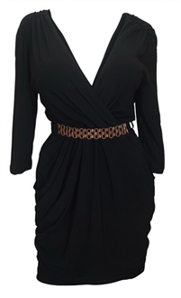 Plus size Deep V-Neck Wrap Bodice Long Sleeve Dress Black