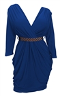 Plus size Deep V-Neck Wrap Bodice Long Sleeve Dress Royal Blue