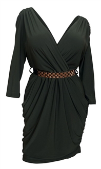 Plus size Deep V-Neck Wrap Bodice Long Sleeve Dress Olive Green