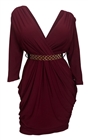 Plus size Deep V-Neck Wrap Bodice Long Sleeve Dress Burgundy
