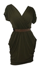 Plus size Deep V-Neck Wrap Bodice Dress Dark Olive Green