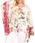 Plus Size V-Neck Kimono Inspired Top White Floral Print