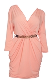 Plus size Deep V-Neck Wrap Bodice Long Sleeve Dress Peach