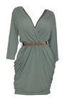 Plus size Deep V-Neck Wrap Bodice Long Sleeve Dress Moss Green