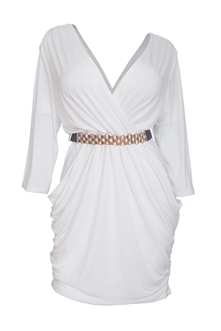Plus size Deep V-Neck Wrap Bodice Long Sleeve Dress Ivory