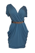 Plus size Deep V-Neck Wrap Bodice Dress Storm Blue