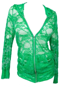 Plus Size Lace Zipper Front Hoodie Top Green