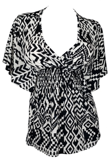 Plus Size Slimming V-neck Smocked Empire Waist Top Black White Abstract ...