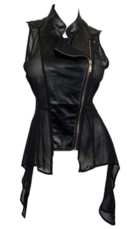 Plus Size Sleeveless Sheer and Faux Leather Panel Jacket Black
