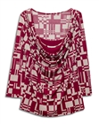 Plus size Layered Long Sleeve Top With Necklace Detail Abstract Print Burgundy