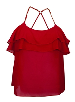 Plus Size Racer Back Ruffled Flounce Mesh Top Red