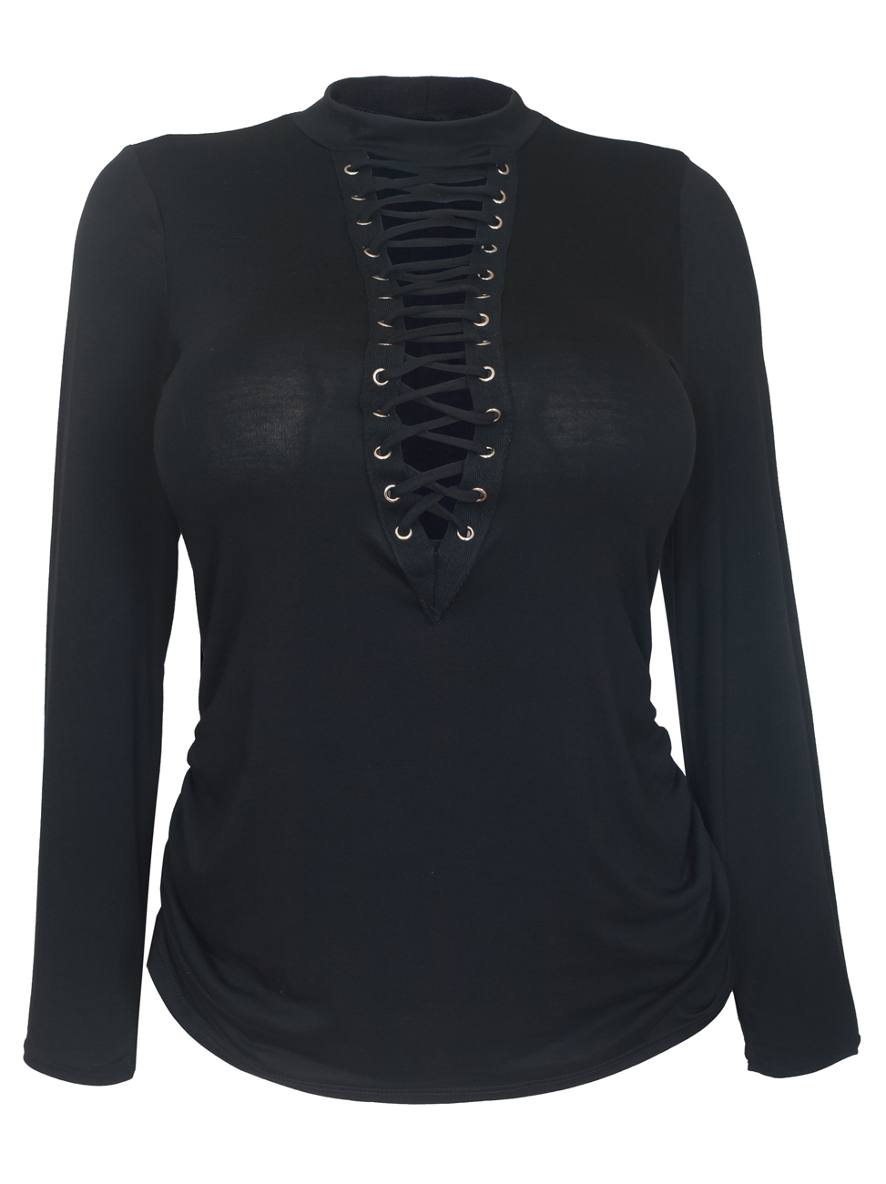 Women's Mock Neck Lace Up Long Sleeve Top Black | eVogues Apparel