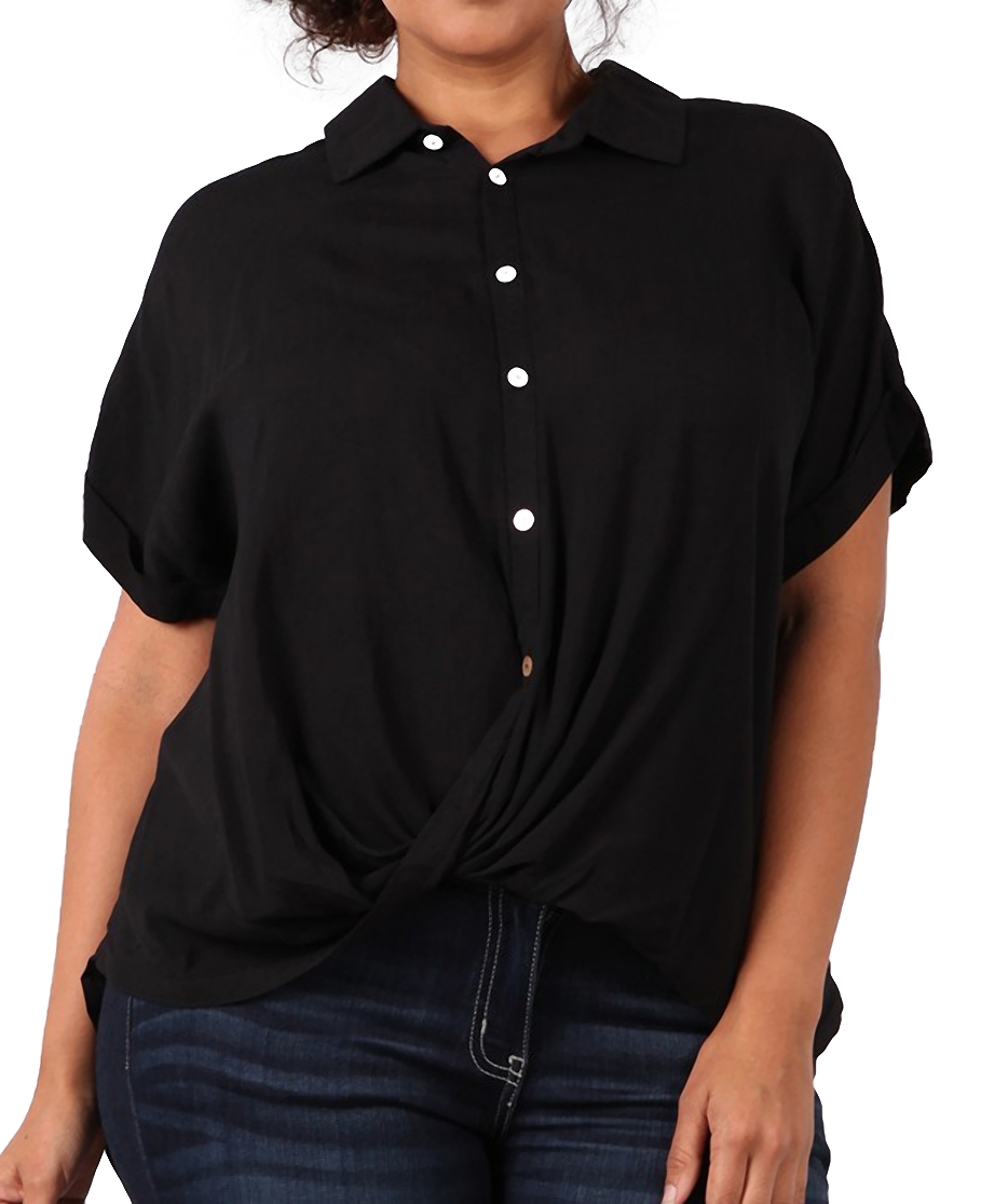 Women's Short Sleeve Button Down Blouse Black | eVogues Apparel
