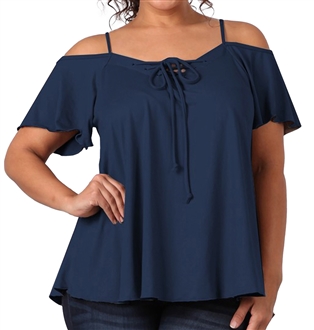 Women's Lace Up Cold Shoulder Top Navy 17117