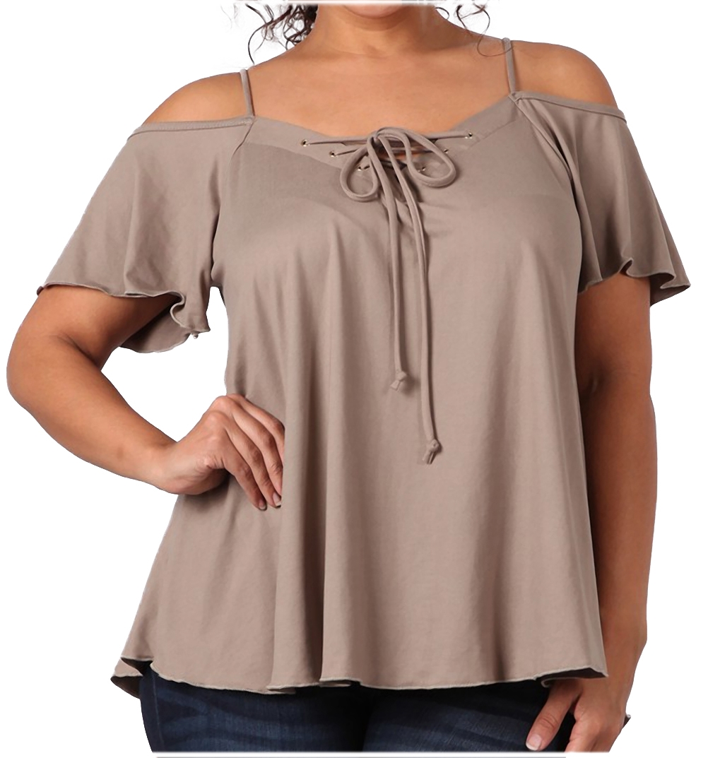 Women's Lace Up Cold Shoulder Top Taupe 17117 | eVogues Apparel