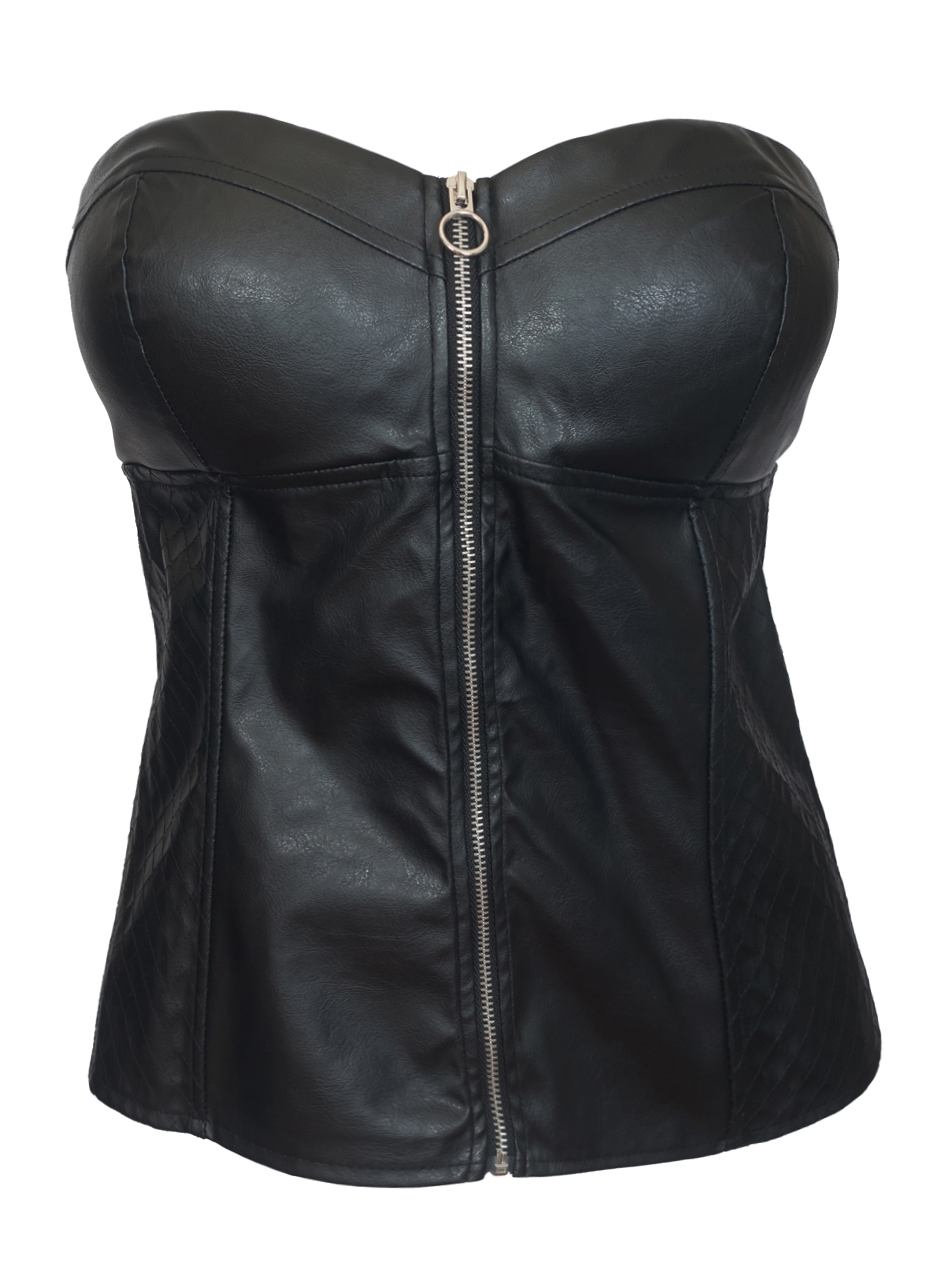 Women's Sweetheart Faux Leather Fitted Top Black eVogues Apparel