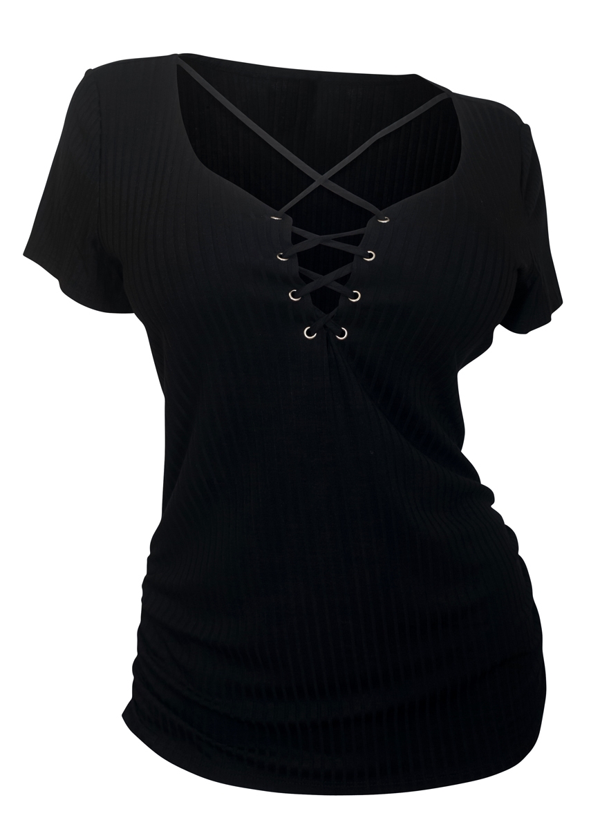 Plus Size Lace Up Short Sleeve Top Black 17513 | eVogues Apparel