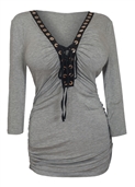 Plus Size V-Neck Lace Up Top Gray 1772