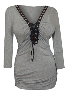 Plus Size V-Neck Lace Up Top Gray 1772