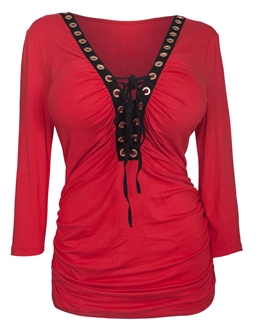 Plus Size V-Neck Lace Up Top Red 1772