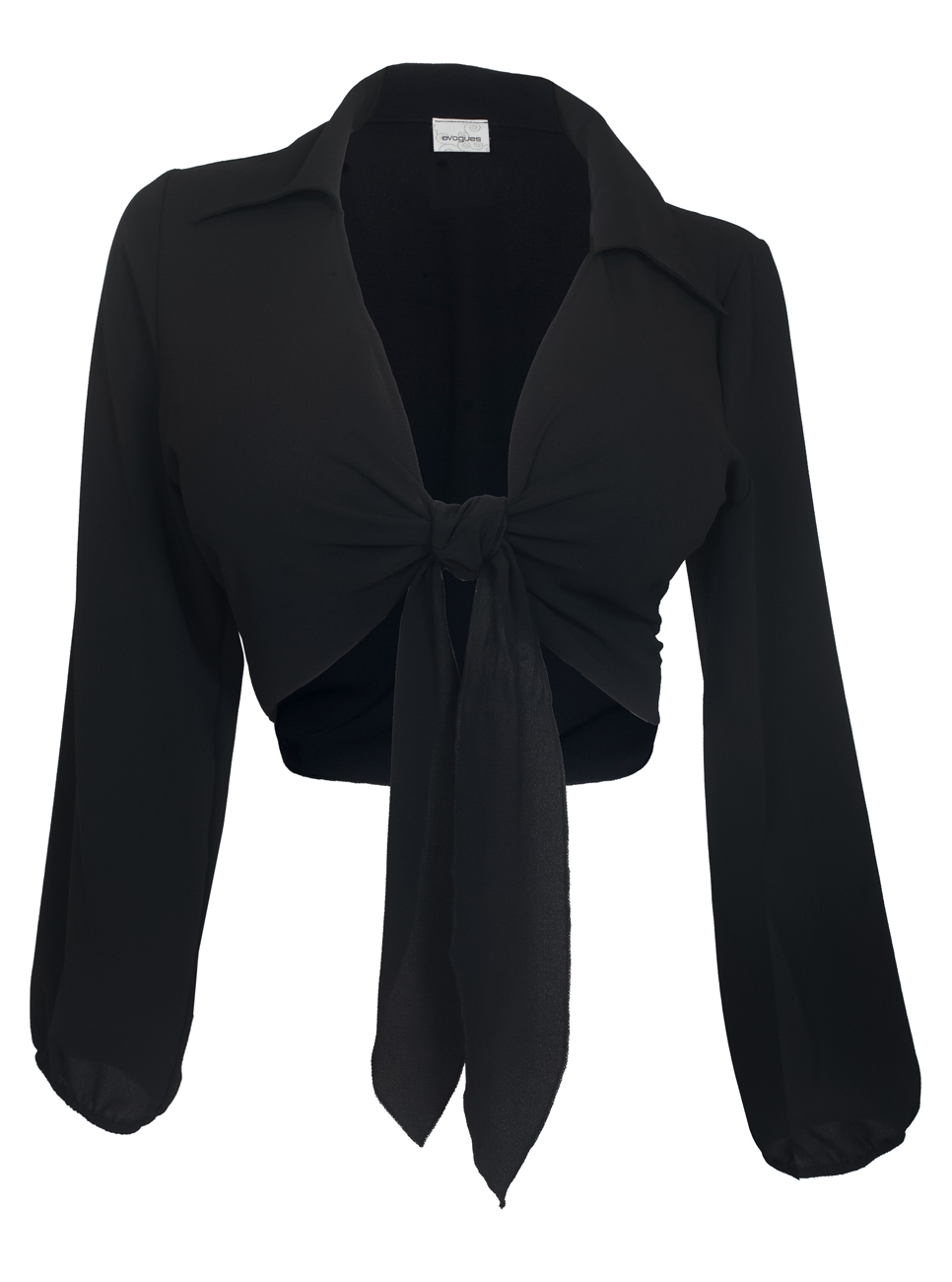 Plus Size Front Tie Off Long Sleeve Cropped Chiffon Blouse Black ...