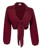Plus Size Front Tie Off Long Sleeve Cropped Chiffon Blouse Burgundy
