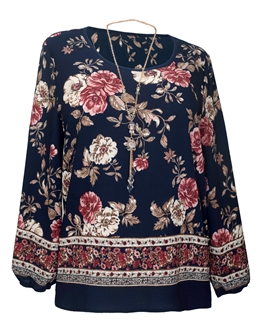 Plus Size Long Sleeve Top Navy Floral Print