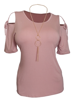 Plus Size Cold Shoulder Top With Necklace Detail Pink
