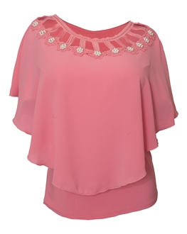 Plus Size Layered Poncho Top Cold Shoulder Pink 18528