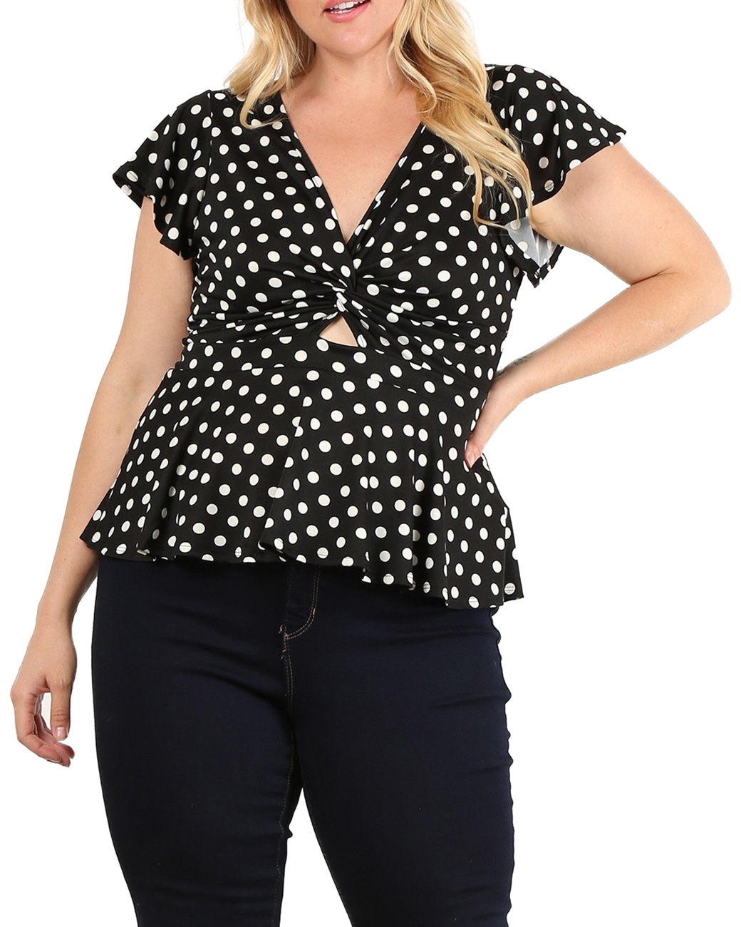 Plus Size V-neck Polka Dot Top Black | eVogues Apparel